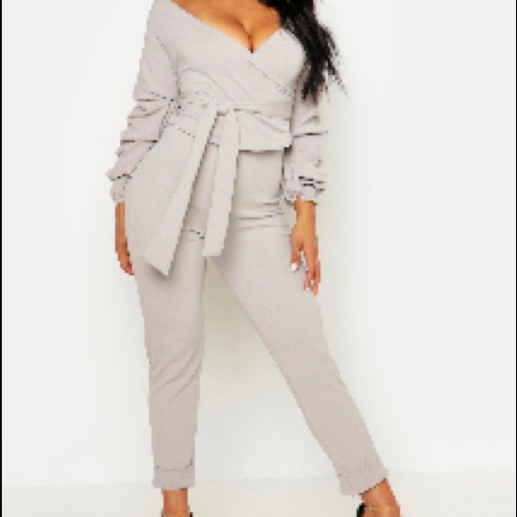 Boohoo Pants - Wrap Rouche Top & Pants Two-Piece Set